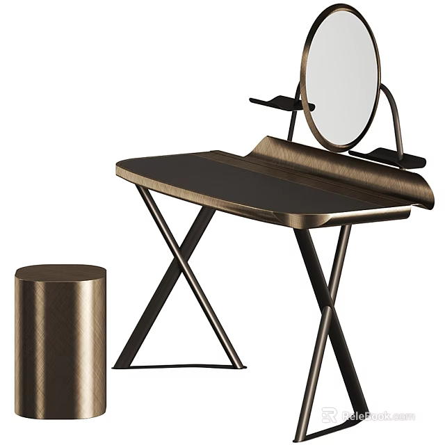 Sleek Modern Dressing Table With Metal Frame Round Mirror And Metallic Stool 3d model 