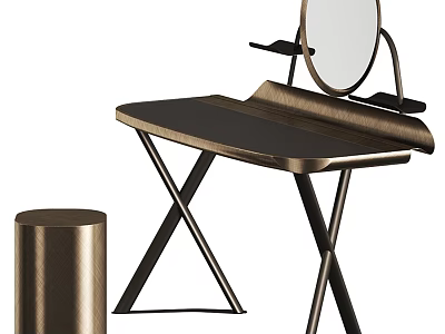 Sleek Modern Dressing Table With Metal Frame Round Mirror And Metallic Stool 3d model