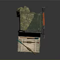 Green Military Crates Stacked With Open Box Camouflage Cloth And Rifle