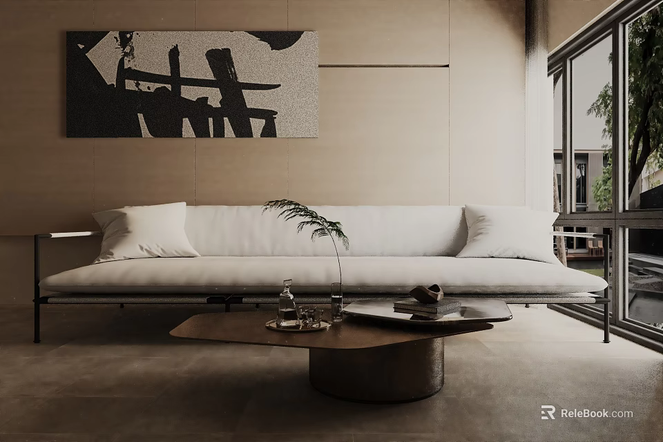 Modern White Three-Seater Sofa In Living Room With Abstract Painting And Wooden Coffee Table 3d model 