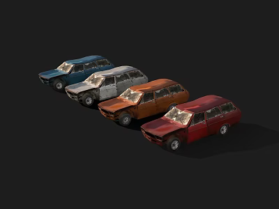 Four Vintage Station Wagons In Different Colors Parked On Black Background 3d model