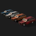 Four Vintage Station Wagons In Different Colors Parked On Black Background