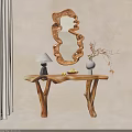 Rustic Wooden Console Table With Table Lamp Fruits Vase And Decorative Mirror