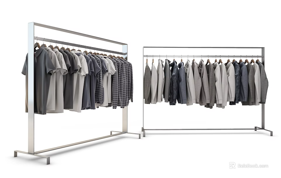 Clothes On Metal Racks Featuring Various Styles Neutral Colors T-Shirts And Shirts 3d model 