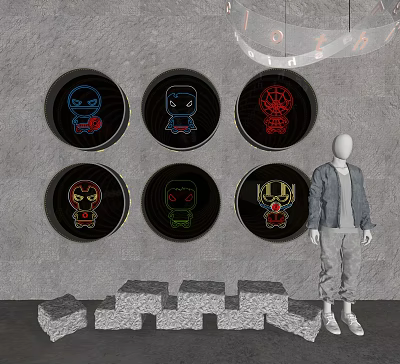 Modern Commercial Equipment with Mannequin and Six Decorative Circular Panels for Retail 3d model