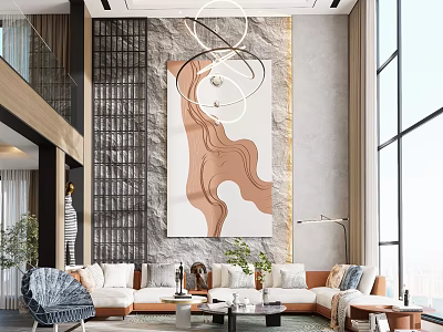Modern Living Room Interior With Large Artwork Chandelier And Floor To Ceiling Windows 3d model