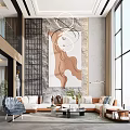 Modern Living Room Interior With Large Artwork Chandelier And Floor To Ceiling Windows