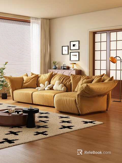 Yellow Velvet Sectional Sofa With Plush Pillows In Living Room With Wall Art Floor Lamp 3d model 