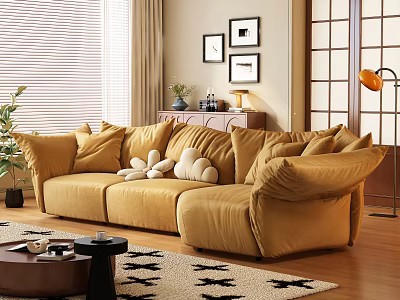 Yellow Velvet Sectional Sofa With Plush Pillows In Living Room With Wall Art Floor Lamp 3d model