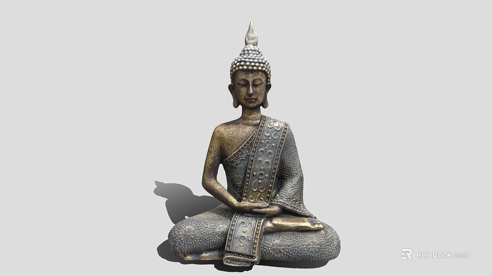Traditional Buddhist Sculpture In Sitting Posture With Ornate Headdress And Robed Attire 3d model 