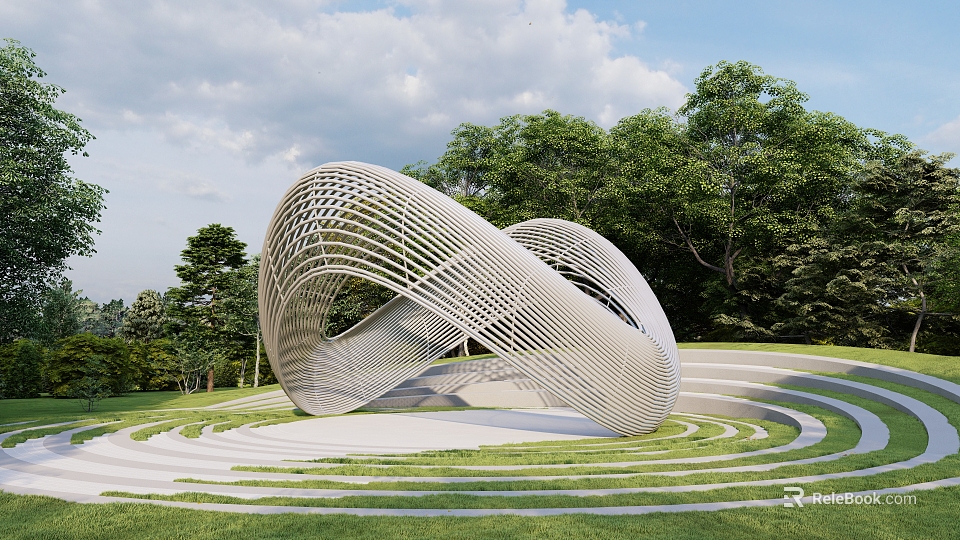 Modern Intertwined Curved Metal Lattice Landscape Sculpture On Green Lawn With Spiral Path And Trees 3d model 