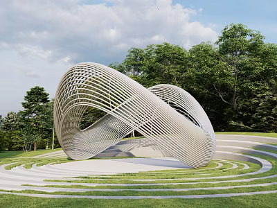 Modern Intertwined Curved Metal Lattice Landscape Sculpture On Green Lawn With Spiral Path And Trees 3d model