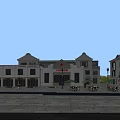 Traditional Commercial Street With Classical Architecture Buildings Paved Plaza Outdoor Seating And Lamp Posts