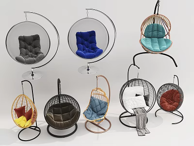 Colorful Hanging Chairs With Various Designs Metal Frames And Rattan Details 3d model