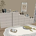 White Modern Dressers with Multiple Drawers Decorative Items Plant and Whale Toy on Rug