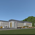 Modern School Building Exterior With Green Lawn Hills Background And Parking Area