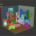 Playful Frog Fox and Cat Sitting in Cozy Room with Plant Window Bookshelf and Furniture