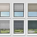 Modern Various Color Roller Blinds On Six Windows With White Frames And Green Lawn View