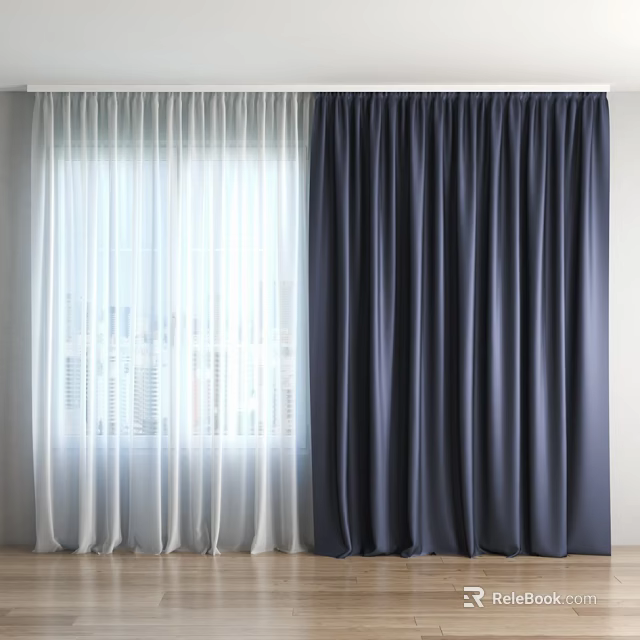 White Sheer and Dark Blue Thick Curtains for Home Window with City View 3d model 