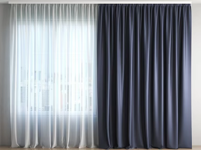 White Sheer and Dark Blue Thick Curtains for Home Window with City View 3d model