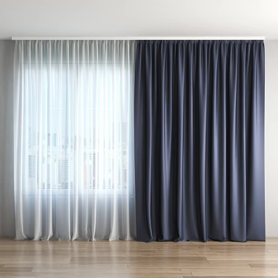 White Sheer and Dark Blue Thick Curtains for Home Window with City View 3d model