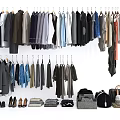 Clothes in Various Styles Hanging on Racks with Shoes and Bags Collection