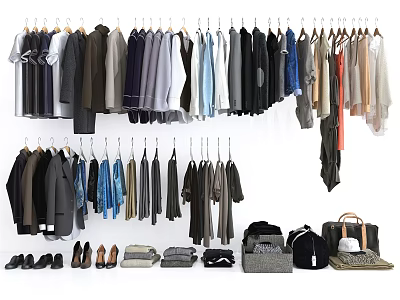 Clothes in Various Styles Hanging on Racks with Shoes and Bags Collection 3d model