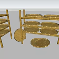 Bamboo Display Shelves with Multiple Tiers and Round Woven Bamboo Trays