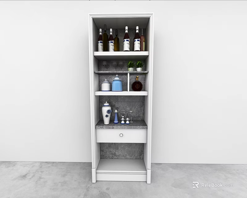 White Modern Wine Cabinet With Multiple Shelves Wine Bottles Glasses And Decorative Items 3d model 