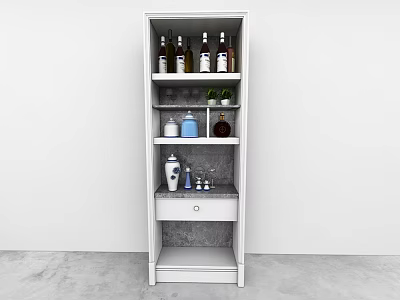 White Modern Wine Cabinet With Multiple Shelves Wine Bottles Glasses And Decorative Items 3d model