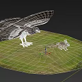 Large Eagle With Spread Wings Hunting Rabbit On Lush Green Grassland