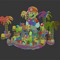 Vibrant Cartoon Scene With Red Hat Character Palm Trees ARCADE Sign And Colorful Block Elements
