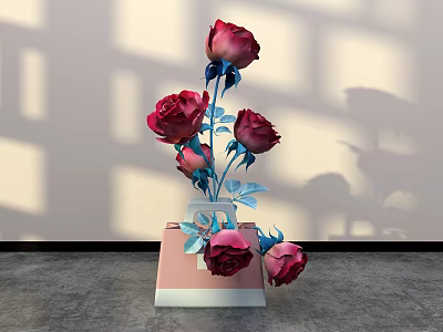 Stylish Floral Arrangement with Red Roses Blue Stems Leaves in Pink White Vase Light Wall 3d model