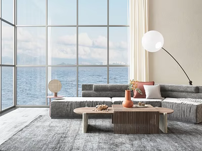 Hotel Public Lounge With Large Windows Sea View Gray Sofa Round Floor Lamp And Wooden Coffee Table 3d model