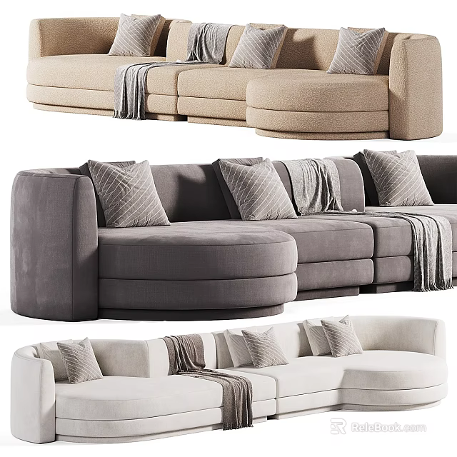 Modern Curved Sectional Sofa With Neutral Tones Decorative Pillows And Soft Throws 3d model 