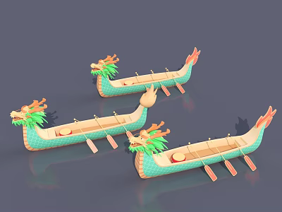 Three Wooden Dragon Boats With Green Orange Design And Dragon Head Decorations 3d model