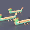 Three Wooden Dragon Boats With Green Orange Design And Dragon Head Decorations