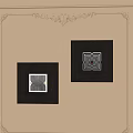 Abstract Art in Black Frames with Geometric and Maze Patterns on Beige Wall and Golden Carvings