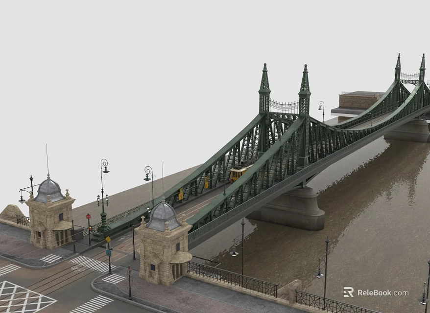 Green Iron Bridge With Spire Towers River And Stone Street Lamps 3d model 