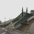 Green Iron Bridge With Spire Towers River And Stone Street Lamps