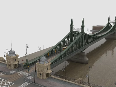 Green Iron Bridge With Spire Towers River And Stone Street Lamps 3d model