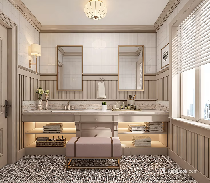Elegant Modern Bathroom Interior With Double Mirrors Marble Vanity And Decorative Lighting 3d model 