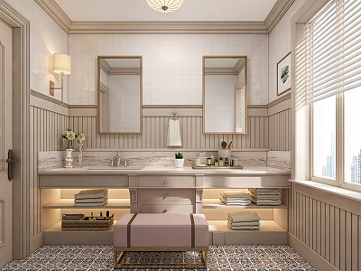 Elegant Modern Bathroom Interior With Double Mirrors Marble Vanity And Decorative Lighting 3d model