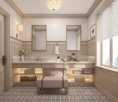 Elegant Modern Bathroom Interior With Double Mirrors Marble Vanity And Decorative Lighting 3d model