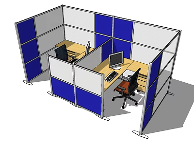 Office Work Desk With Blue And White Partition Walls Desktop Computer And Office Chair 3d model