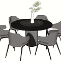 Modern Round Dining Table Set With Black Tabletop Pedestal Base And Light Gray Chairs 3d model