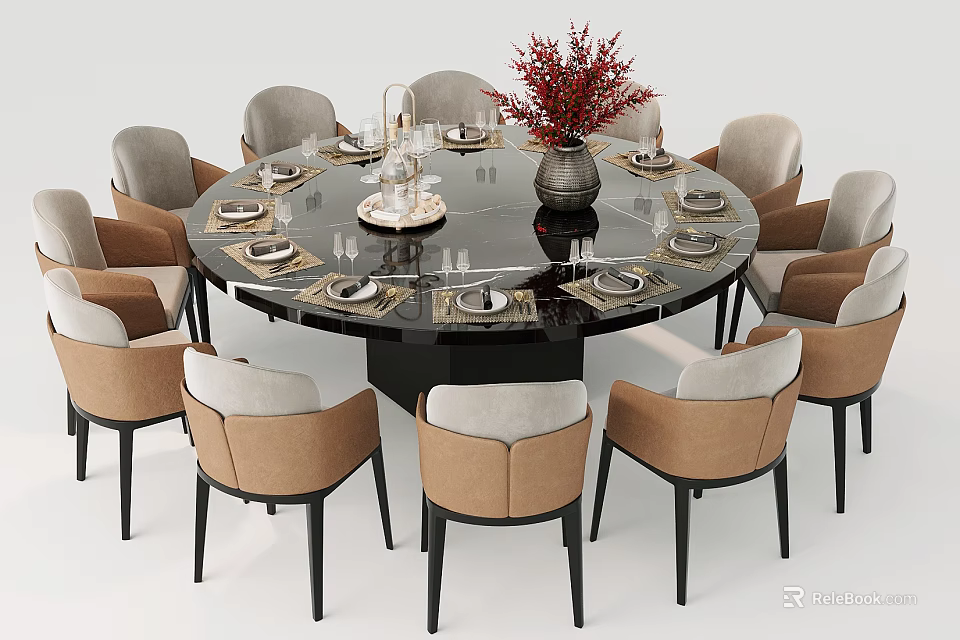Modern Round Table And Chair Set With Black Tabletop Beige Brown Seats Red Flower Tableware 3d model 
