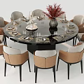 Modern Round Table And Chair Set With Black Tabletop Beige Brown Seats Red Flower Tableware