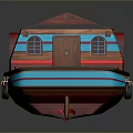 Colorful Small Wooden Water Transport Boat With Red Blue Cabin And Windows