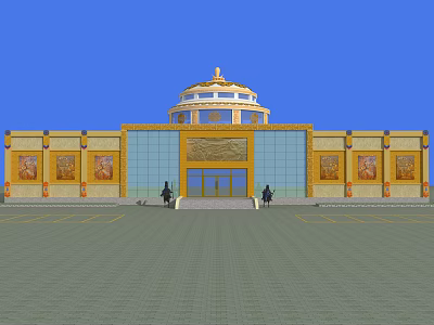 Traditional Architectural Building With Yellow Facade Dome Roof Glass Entrance And Decorative Murals 3d model